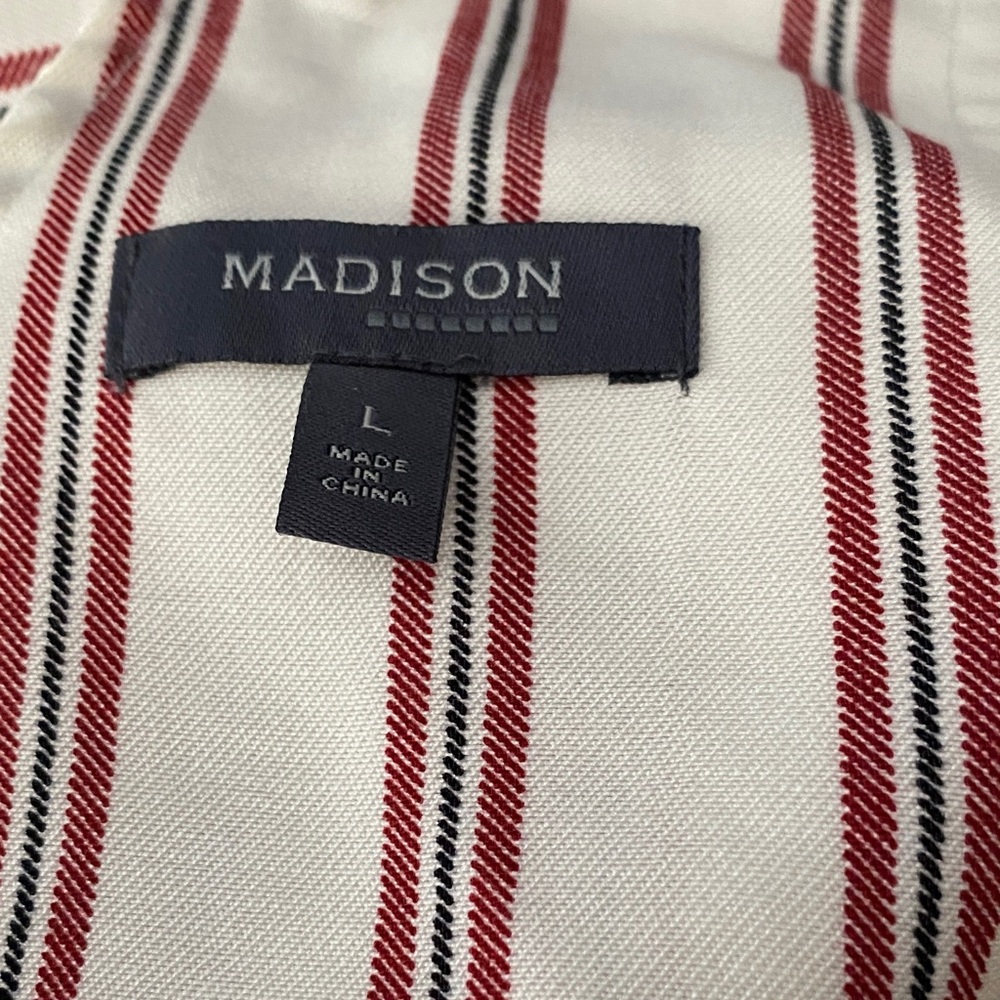 Madison Sz Large Jump Suit Red White Striped Wrap Around Tie Front with Pockets - Picture 2 of 12